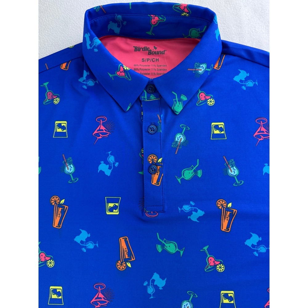 Birdie & Bound Mens Blue Cocktail Print Golf Polo Shirt Size S P CH - Picture 2 of 16